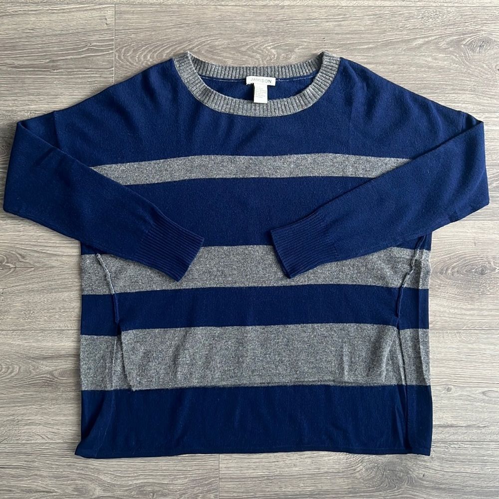 Jamison Womens Wool Cashmere Sweater Small Relaxed Fit Striped Blue Gray Cozy